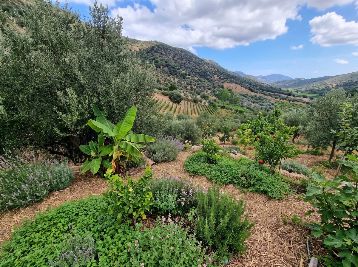 AI visualisation of the future food forest at Sa Medada: layered beds, banana and citrus between the olives