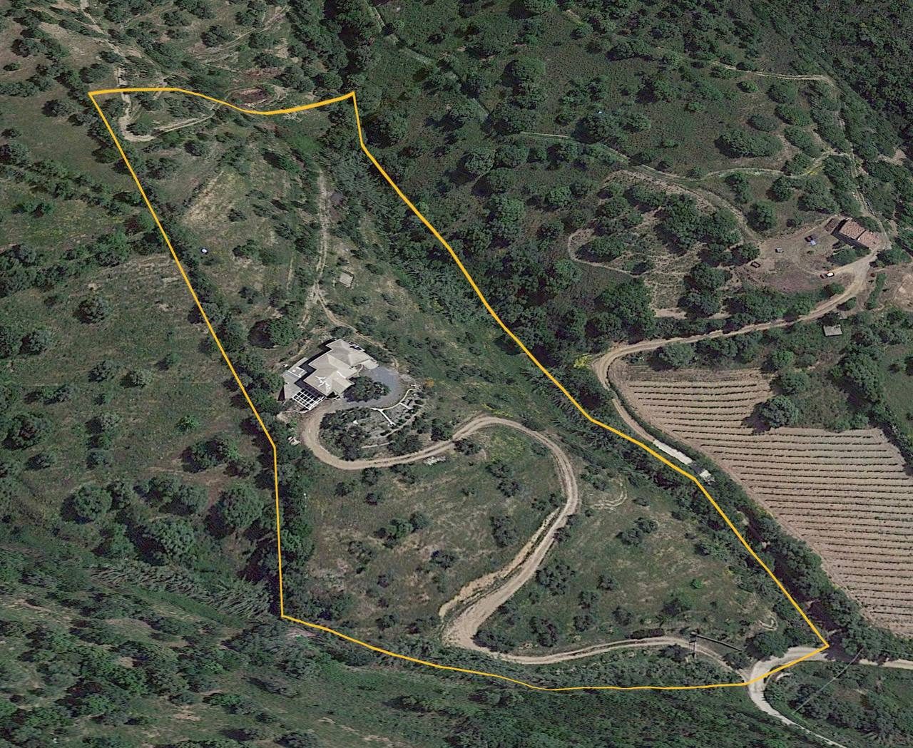 Aerial view of the Sa Medada land with its boundary, Jerzu, Sardinia